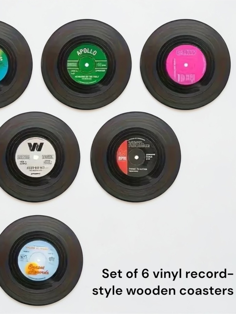 Retro Vinyl Inspired Record Coasters Set of 6 | Wooden | NWOT - Picture 1 of 16